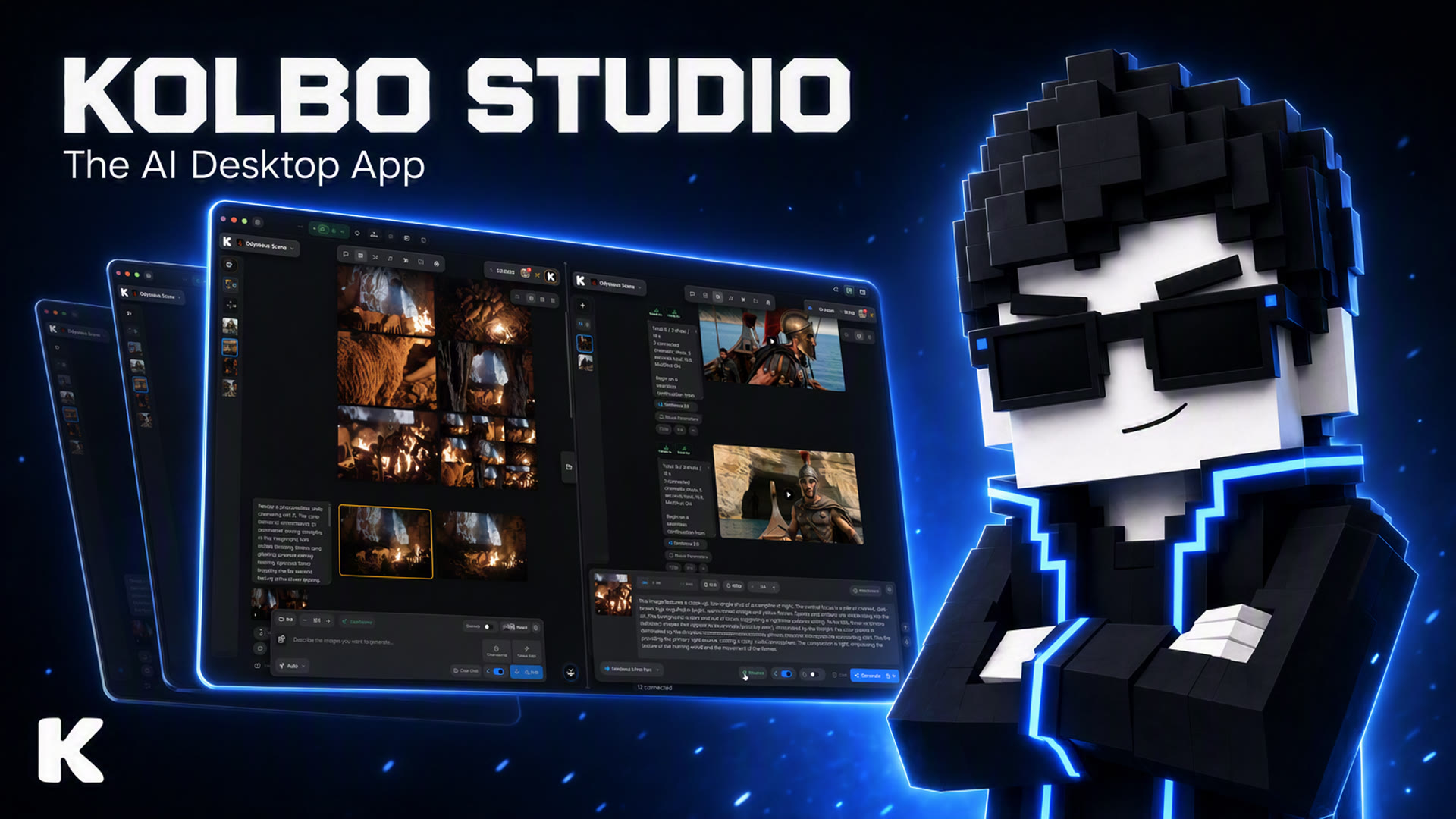 Kolbo Studio, אפליקציית הדסקטופ של Kolbo.AI, עם קובי המסקוט מול חלונות אפליקציה מרחפים
