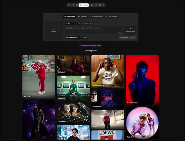 Higgsfield Suite cinematic camera presets on Kolbo.AI